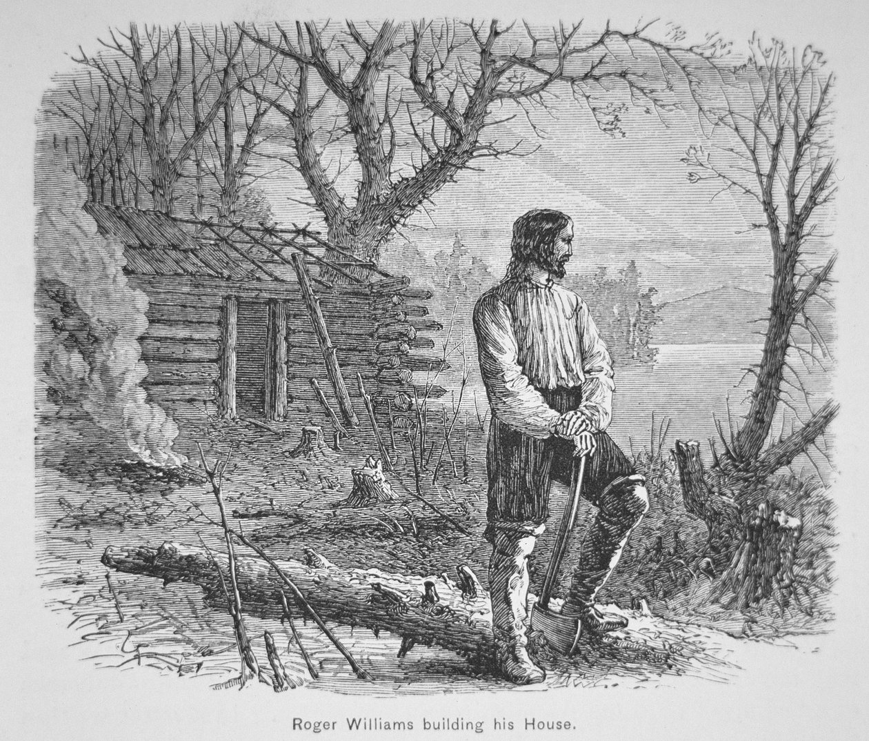 Roger Williams staví chatu na řece Seekonk (litho) od School American