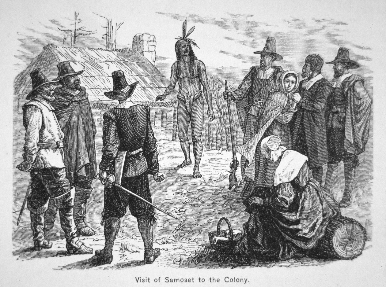 Samoset, náčelník Pemaquidů navštěvuje Otce poutníky v roce 1621 (litho) od School American