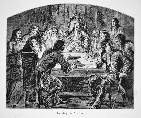 Sir Edmund Andros požaduje kapitulaci Charty Connecticutu v roce 1687 za účelem založení Dominion of New England (litho) od School American