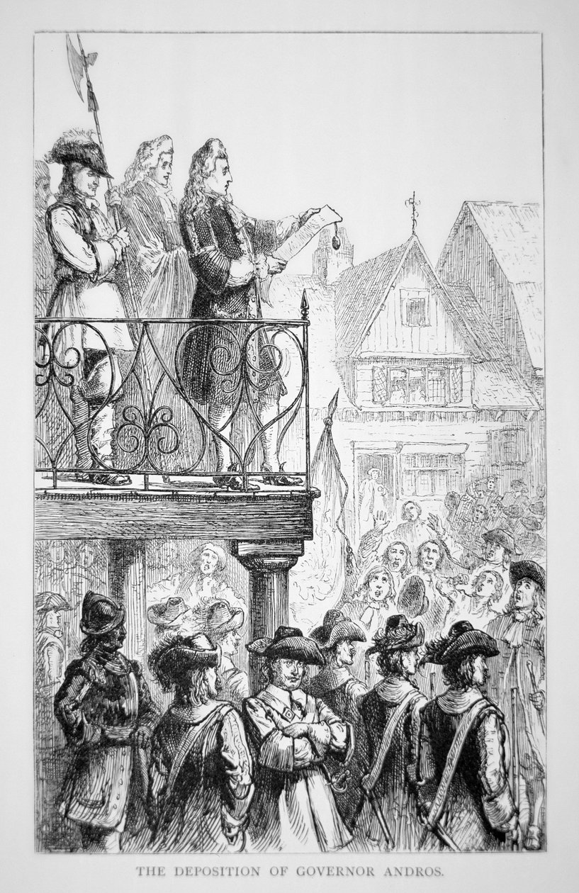 Sir Edmund Andros prohlašuje v roce 1686 panství Nové Anglie se sebou jako guvernérem (litho) od School American