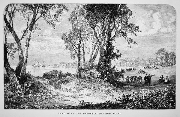 Švédští osadníci přistávají v Paradise Point na řece Delaware v roce 1638 (litho) od School American