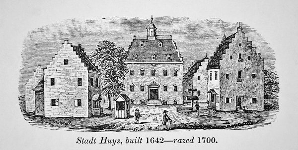 Dutch Stadt Huys, New Amsterdam (New York), postavený v roce 1642 a zbořen v roce 1700 (litho) od School American