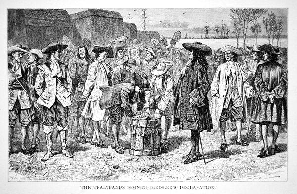 Trainbands podepisující Leislerovu deklaraci v roce 1689 (rytina) od School American