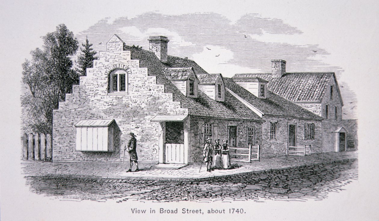 Pohled na Broad Street, New York City kolem roku 1740 (litografie) od School American
