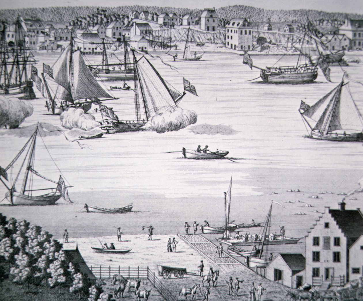 Pohled na East River, New York c.1750 s centrem stavby lodí (litho) od School American