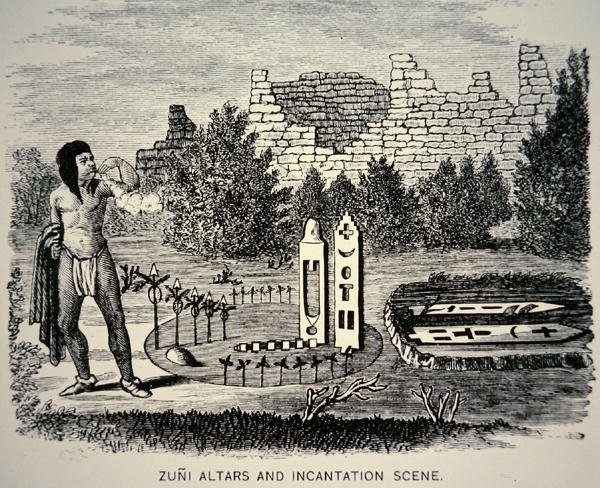 Zuni Tribesman foukající pyl přes svatyni Pueblo (rytina) od School American