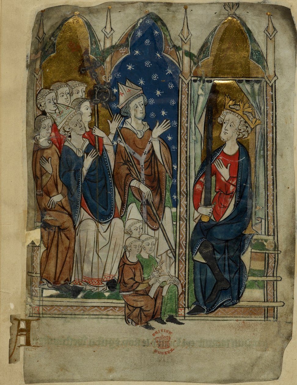 Bavlna Vitellius A. XIII f.6v Král Edward I. sedící se svým dvorem a úředníky, z 