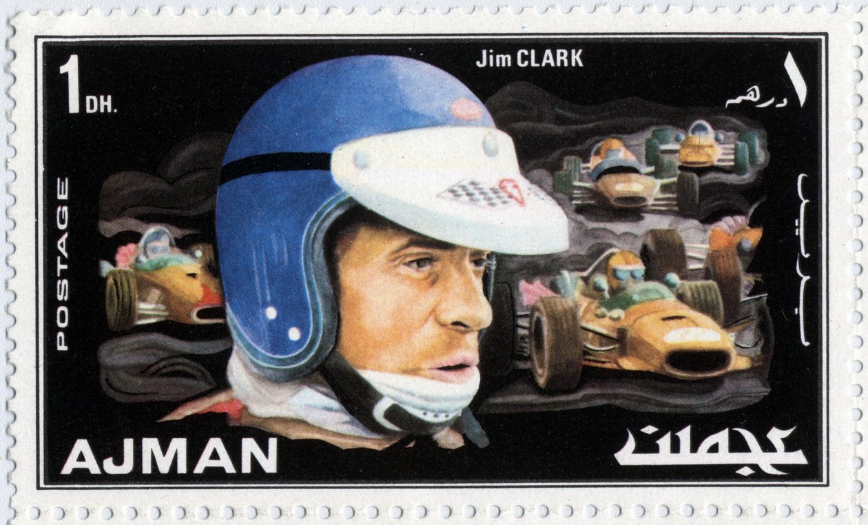 Razítko Emirates Arab Units představující skotského automobilového řidiče Jima Clarka (1936-1968) od School Arabic