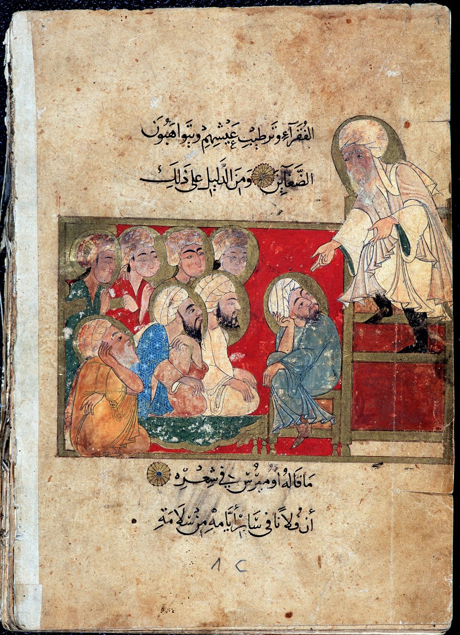 Mistr a jeho žáci - Miniatura v „“Aforismu a větách Řeků“, rukopis přeložený do arabštiny od School Arabic