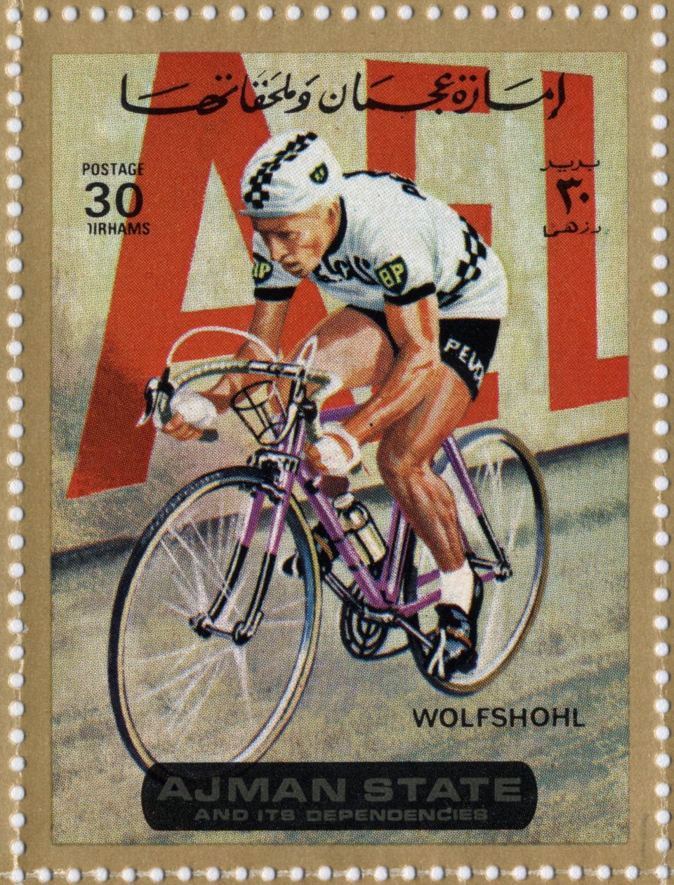 Razítko SAE představující cyklistu Rolfa Wolfshohla (Ne 1938). od School Arabic