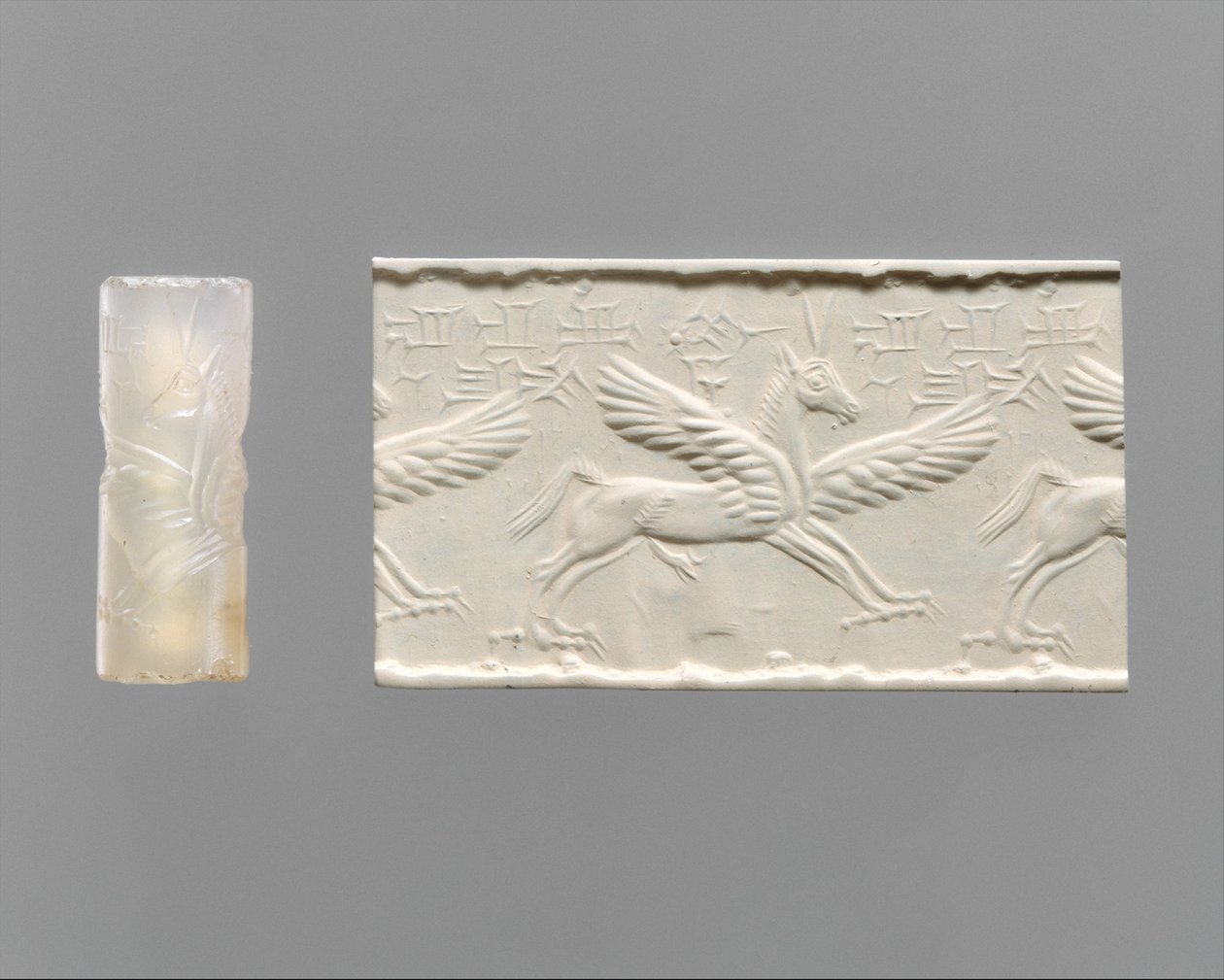 Válcová pečeť a moderní dojem: okřídlený kůň s drápy a rohy, cca 14.–13. století před naším letopočtem (chalcedon) od School Assyrian