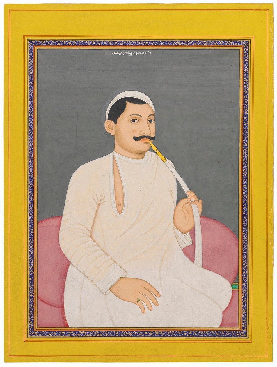Sedící portrét Ram Chandra Lahiri, Dewan z Cooch Bewar (1829 - 1842, asi 1840 (neprůhledné pigmenty zvýrazněné zlatem na papíře) od School Bengali