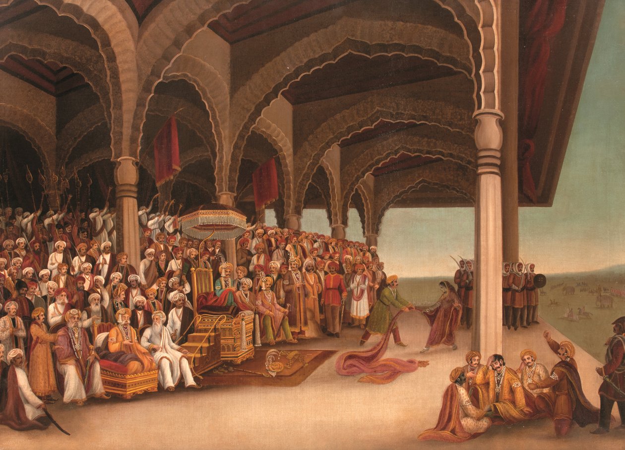 Bez názvu (Svlečení Draupadi), c. konec 19. století (olej na plátně) od School Bengali