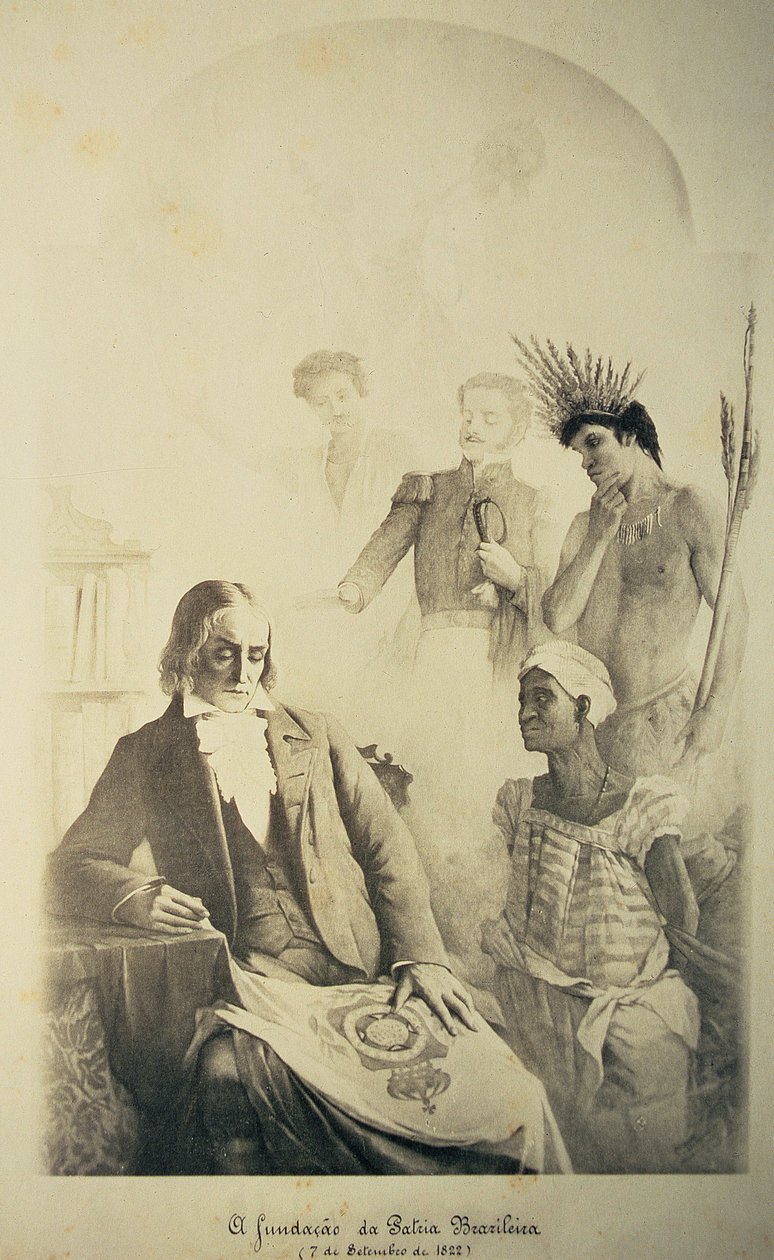 Zakladatel brazilské země, 7. září 1822 - Alegorie představující tři rasy: africký otrok, Portugalec a domorodý Indián s Jose Bonifaciem (1763-1838) a Pedrem I. (1793-1834) od School Brazilian