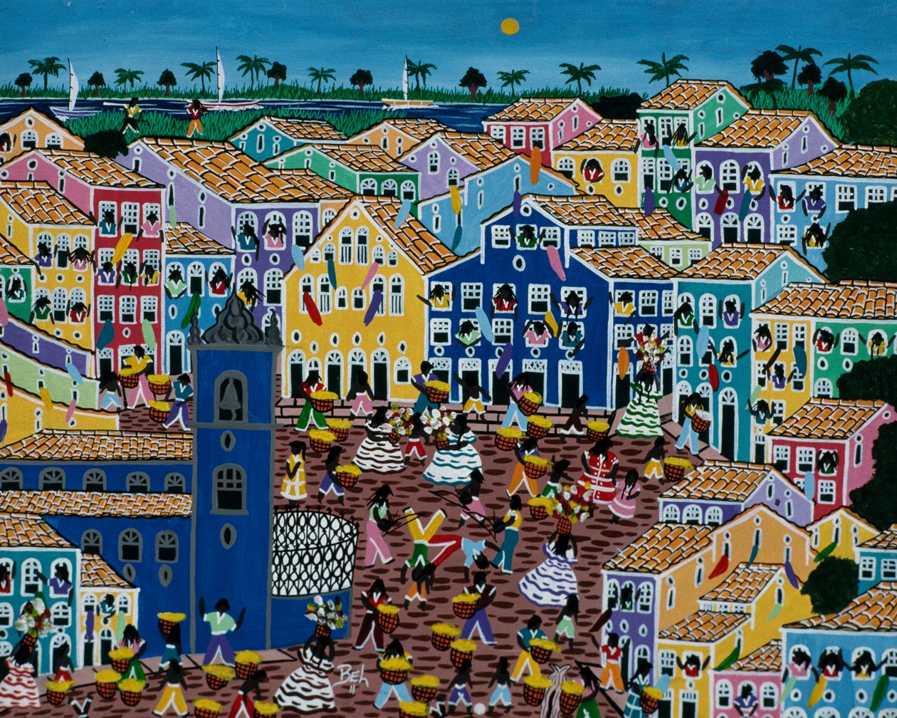 Naivní umělecká malba zobrazující trh, stát Bahia, Brazílie od School Brazilian