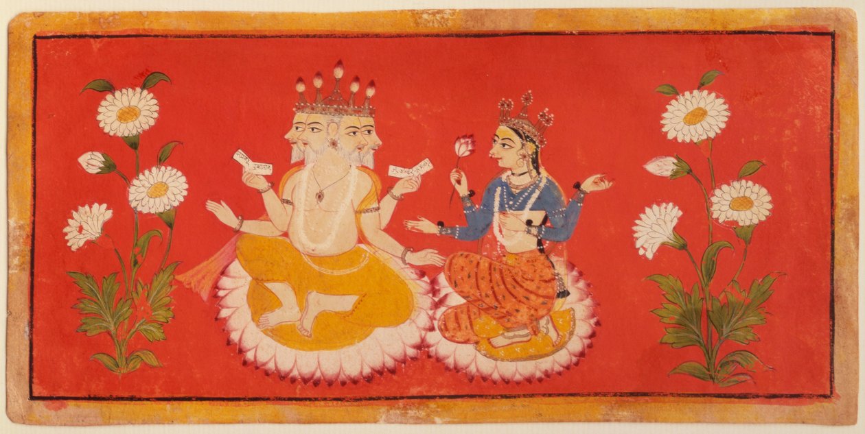 Brahma sedí se Saraswati Brahmou držící čtyři védy a Saraswai držící okvětní lístek lotosu, kolem 1650 (kvaš) od School Bundi