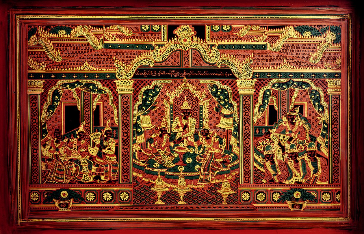 Detail truhly s rukopisem z Myanmaru (lakované dřevo) od School Burmese