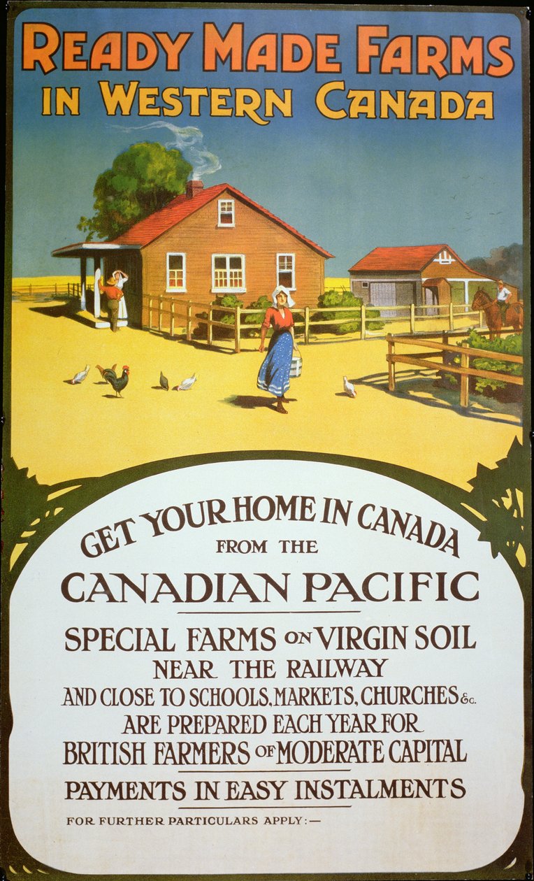 Plakátová reklama „Farmy připravené k výrobě v západní Kanadě“, kolem roku 1900 (barevné lito) od School Canadian