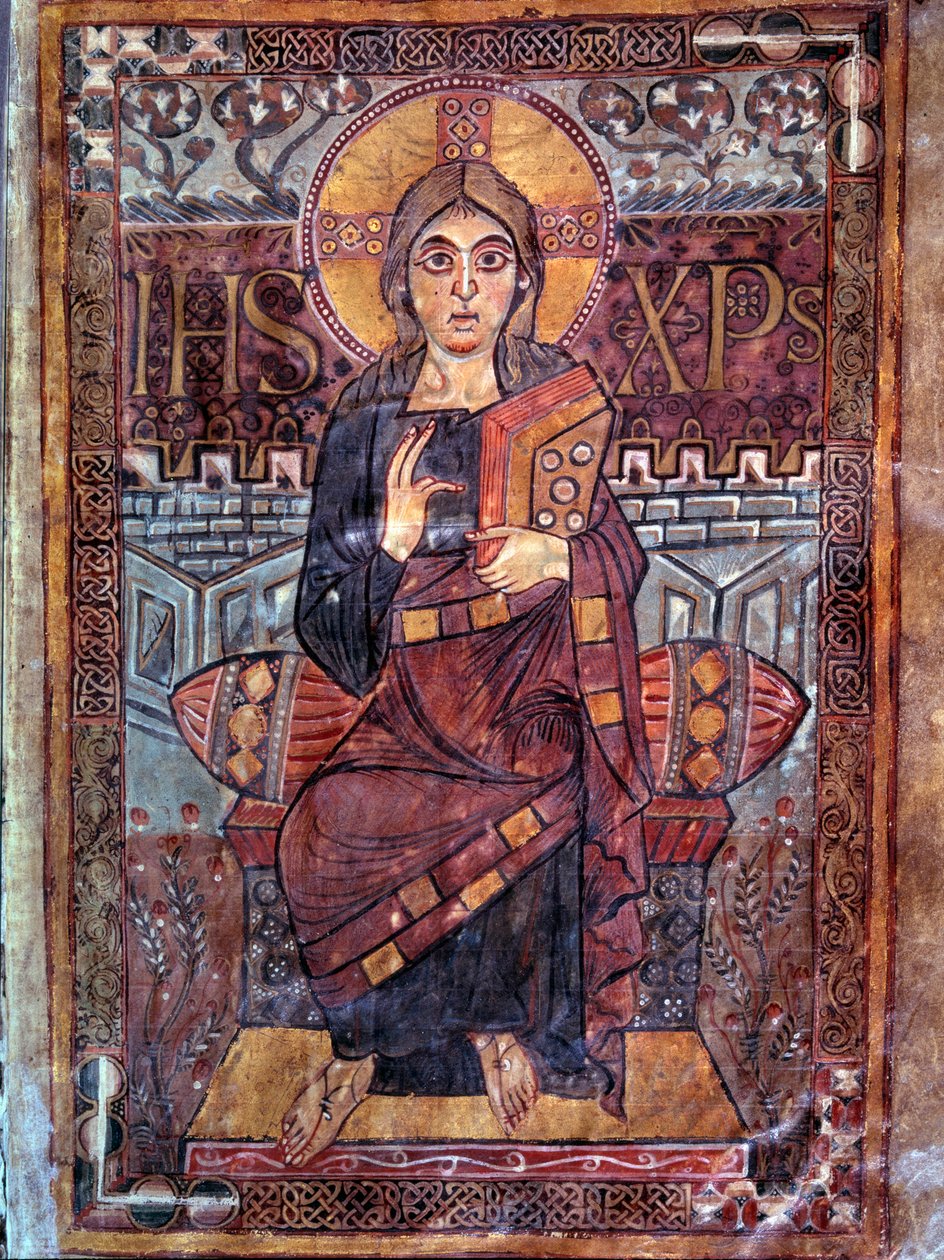Karolínské umění: Kristus v majestátu (ve slávě). Miniatura z rukopisu „Evangeliaire de Godescalc, Ecole du Palais de Charlemagne““ (folio 3), kopie Godescalca z pokladnice Saint-Sernin de Toulouse, Bibliotheque du Louvre, 781-783. BN, Paříž od School Carolingian