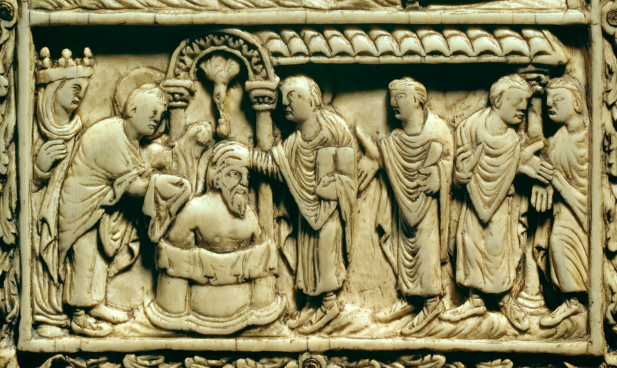 Karolínské umění: detail: křest Clovise I. (466-511) za přítomnosti královny Clothilde dne 25. 12. 498. 9. století. Amiens, Pikardiské muzeum. od School Carolingian