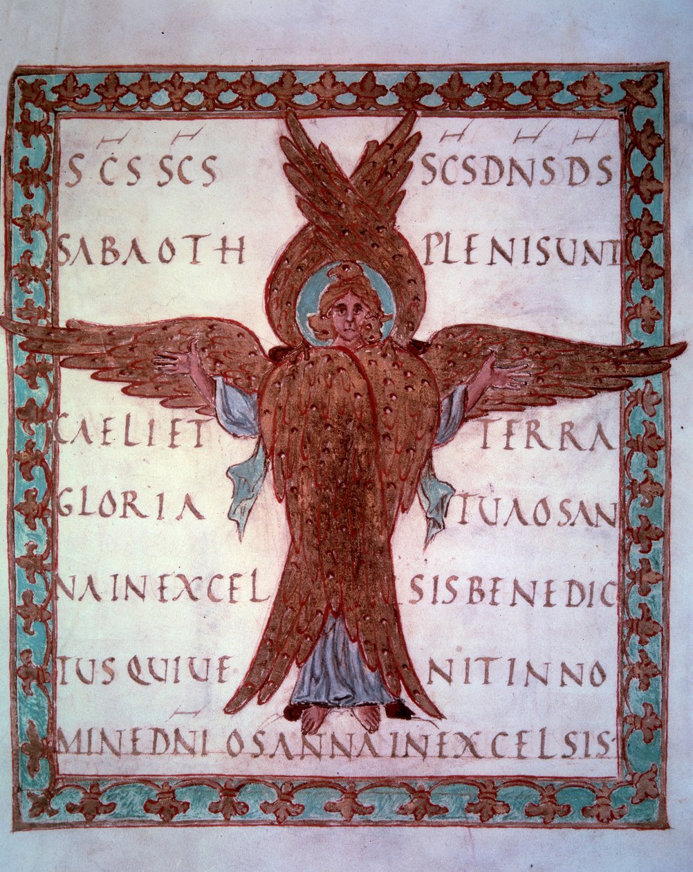 vyobrazení miniaturního serafína převzatého z karolinského rukopisu „Sacramentaire de Drogon“, určeného pro Drogona, syna Karla Velikého. Paříž 9. století, B.N. od School Carolingian