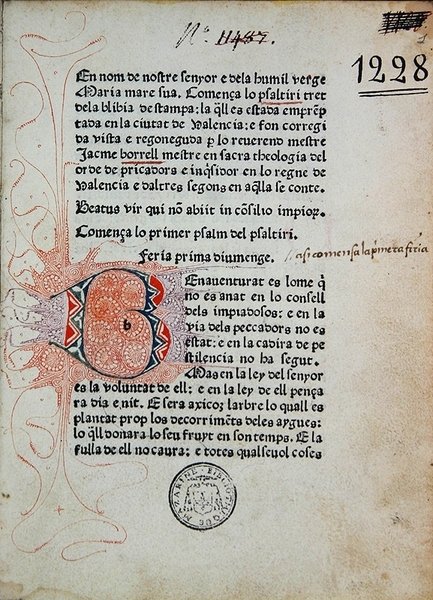 Inc 1228 Psalter of Boniface Ferrer, opraveno Jaime Borrellem, vytištěno Nicolausem Spindelerem v Barceloně v roce 1480 (tisk a inkoust na papíře) od School Catalan