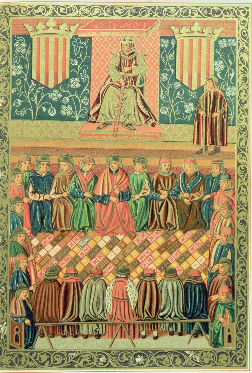 Král Jakub I. Dobyvatel předsedající Cortes of Lleida v březnu 1242, z rukopisu „Constitucions de Catalunya“ od School Catalan
