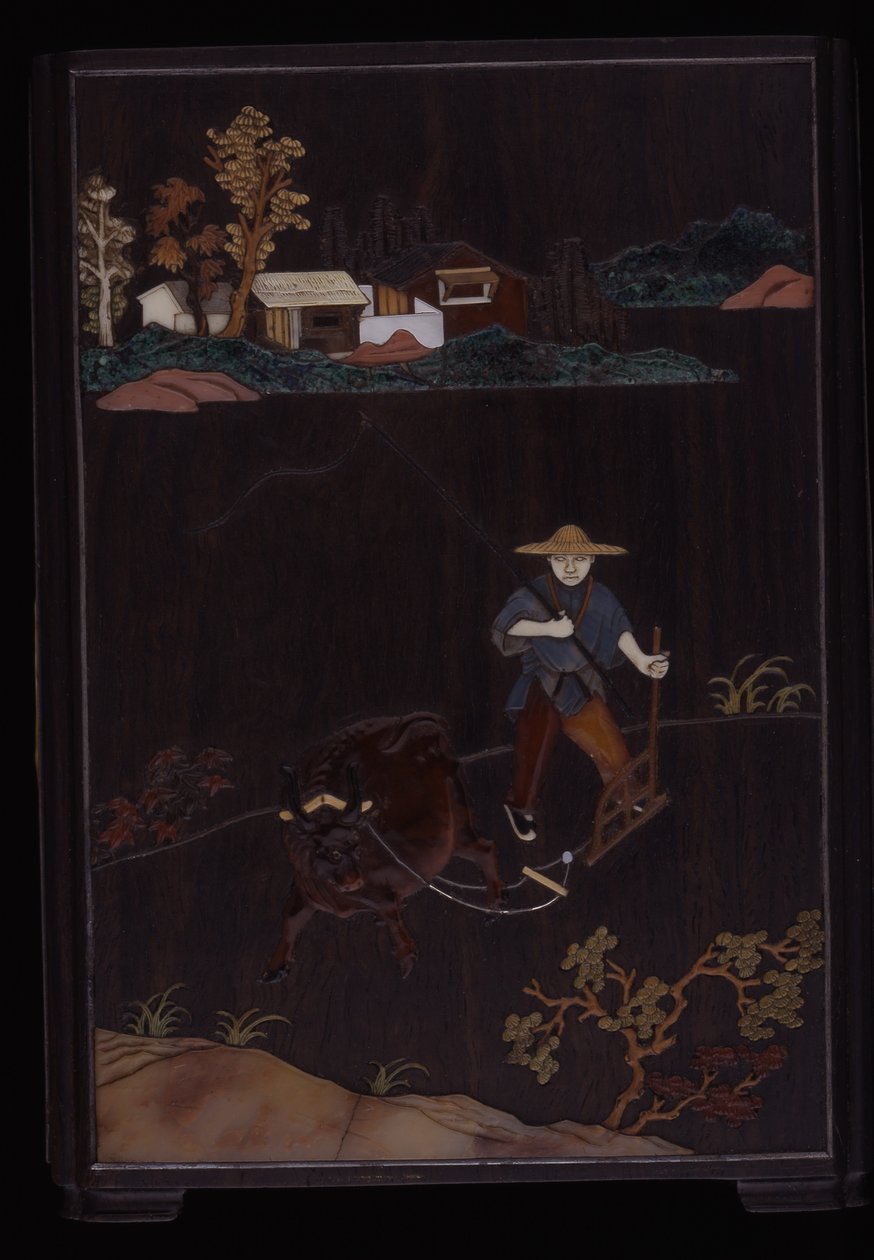Brushpot with Scenes of Country Pursuits (různé intarzie v zitanovém dřevě) od School Chinese