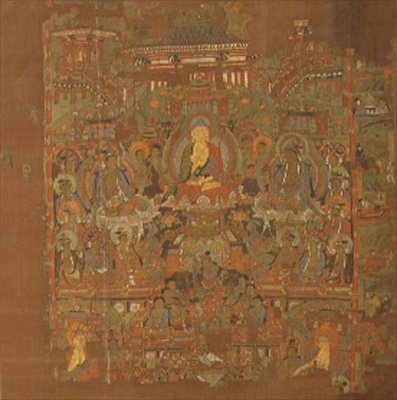 Ch.1.iii.02 Paradise of Bhaisajyaguru, 8.-9. století, Tunhuang (barva látky na hedvábí) od School Chinese