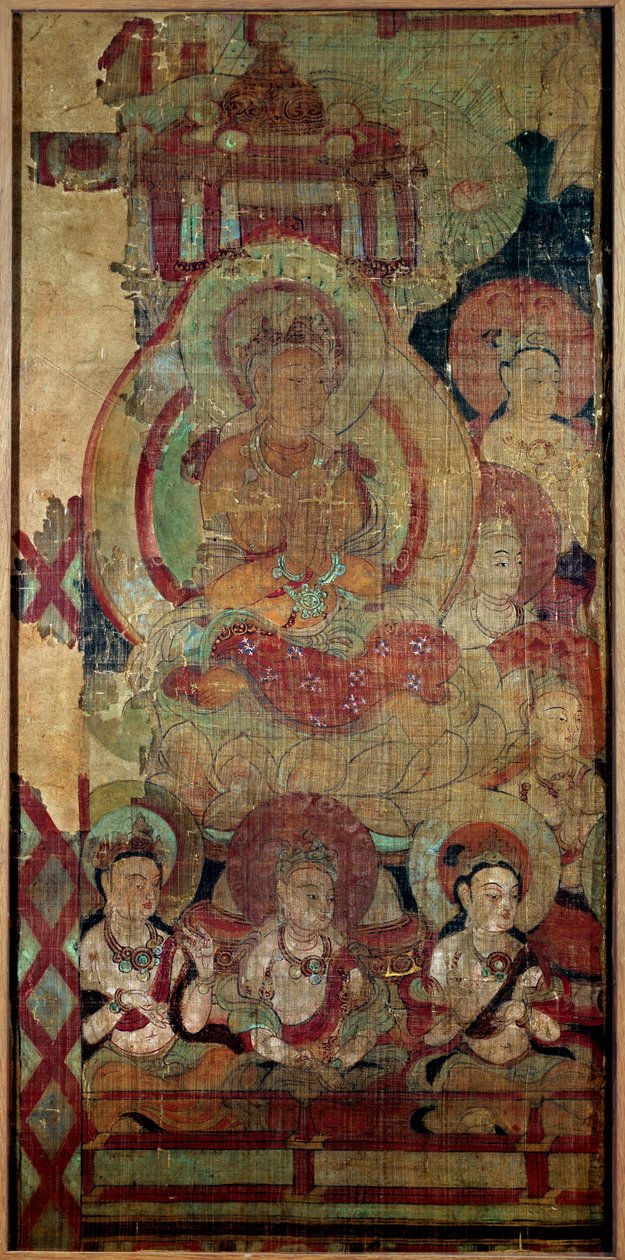 Čínské umění: skupina bódhisatvů (nebo bódhisatvů). malování na hedvábí. Dynastie Touen Houang z 10. století, Musée des Arts Asians de Guimet, Paříž. od School Chinese