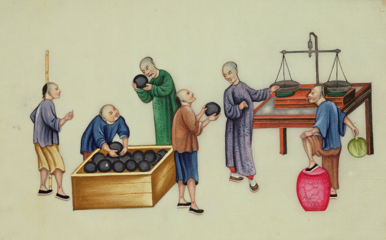 Čínští dealeři testují a váží opium z filmu The Evils of Opium Smoking od School Chinese
