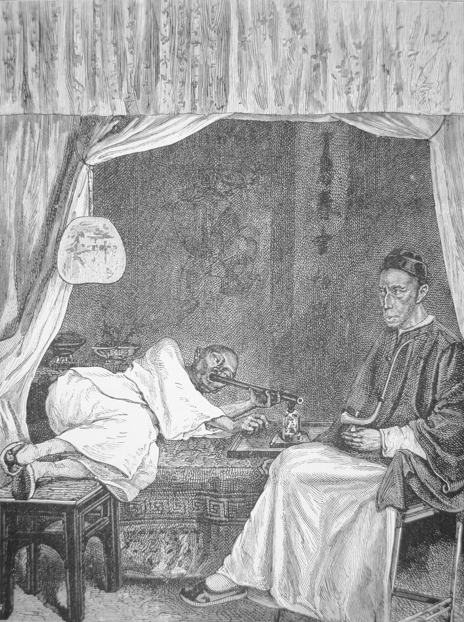 Čínští kuřáci opia, rytina z roku 1875 (litho) od School Chinese