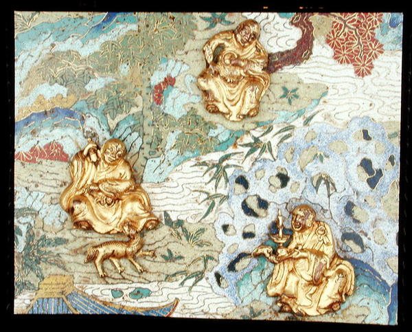 Detail z dvojice plaket zobrazujících buddhistické postavy v krajině, období Qianlong od School Chinese