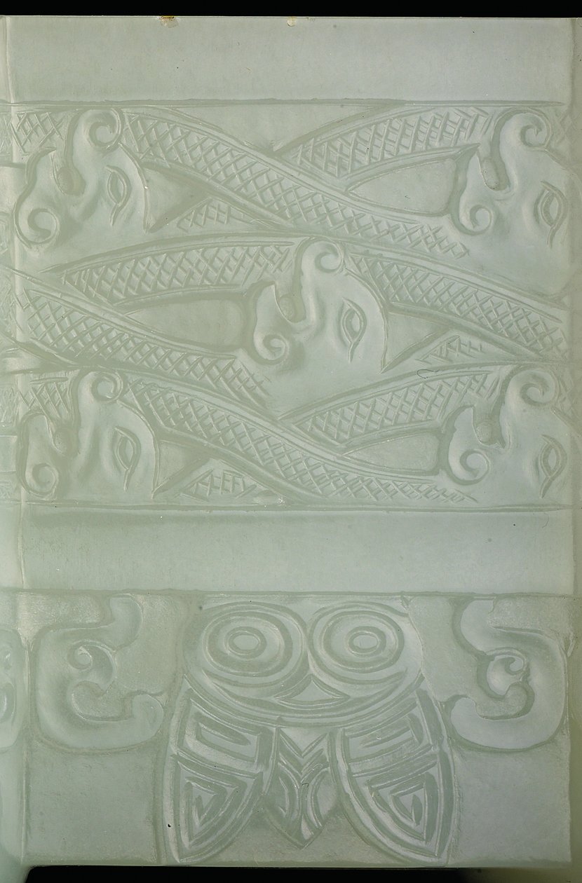 Detail archaistické nádoby a krytu, Tulu, období Qianlong (1736-95) (bledý celadonský nefrit) (viz také 619015) od School Chinese