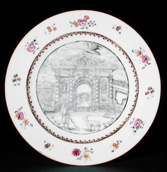 Jídelní talíř zdobený en grisaille emaily Rose Famille zobrazující Jacoba Bobarta (1599-1680) s kozou a psem, období Qianlong (1736-95) (porcelán) od School Chinese