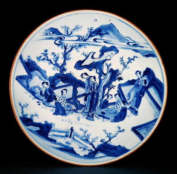 Miska malovaná podglazurní modří s postavami dam, Přechodné období, cca 1640 (porcelán) od School Chinese
