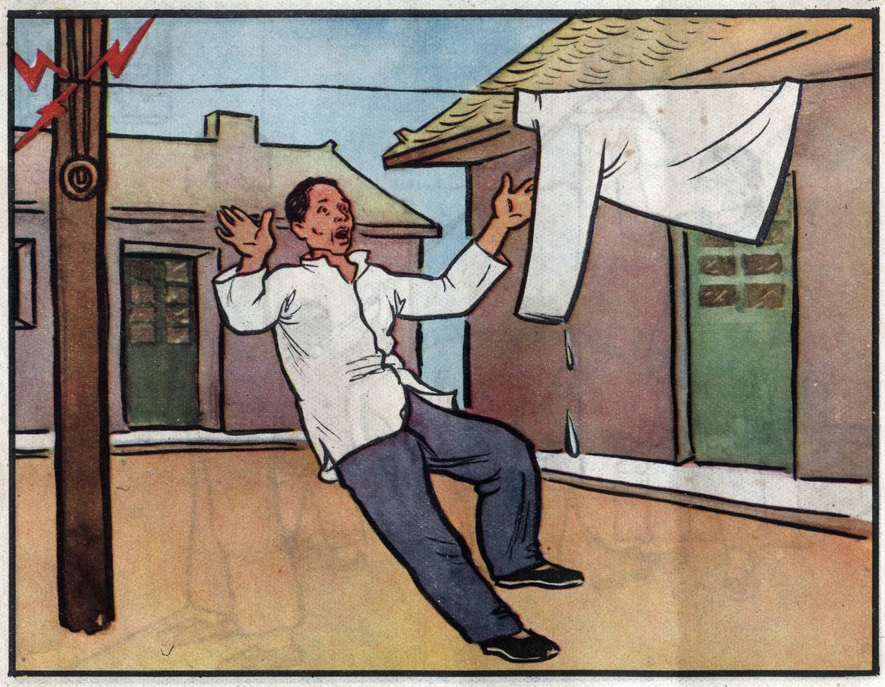 kreslení, nebezpečí úrazu elektrickým proudem při položení mokrého prádla na elektrické kabely. Ilustrace v článku "Jak bezpečně používat elektřinu", Čína od School Chinese