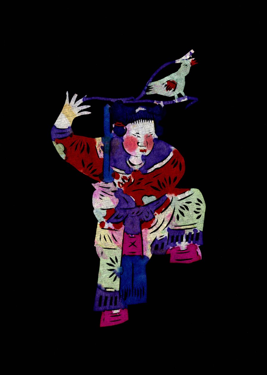 Ženská postava držící meč s ptákem. Malovaný papírový výřez neboli "Jian Zhi", čínské lidové umění, Peking. od School Chinese