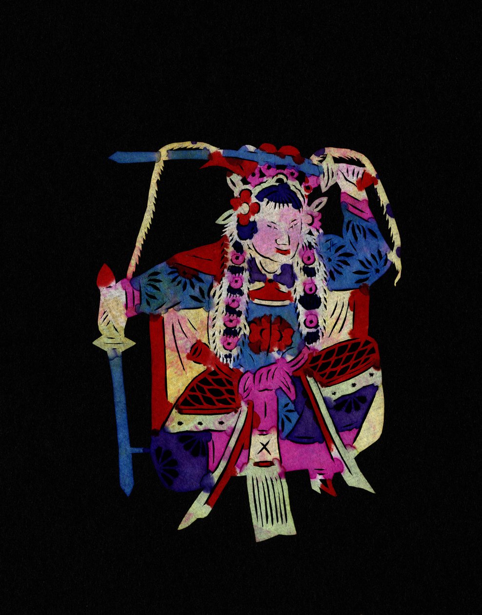 Ženská postava pekingské opery s houpačkami. Malovaný papírový výřez neboli "Jian Zhi", čínské lidové umění, Peking. od School Chinese