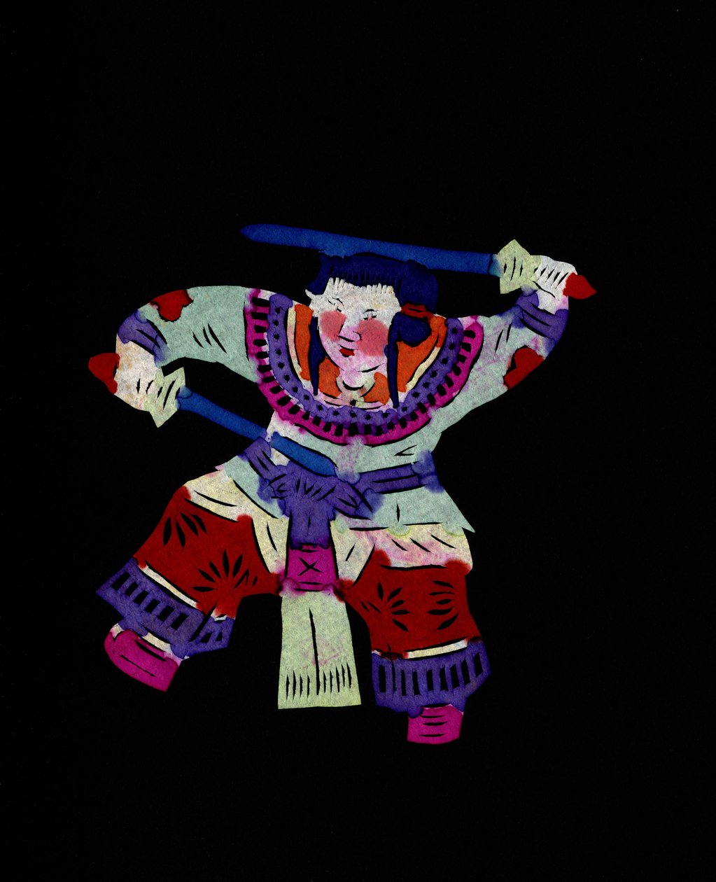 Ženská postava cvičí bojové umění se dvěma švihy. Malované vystřihování papíru neboli "Jian Zhi", čínské lidové umění, Peking. od School Chinese