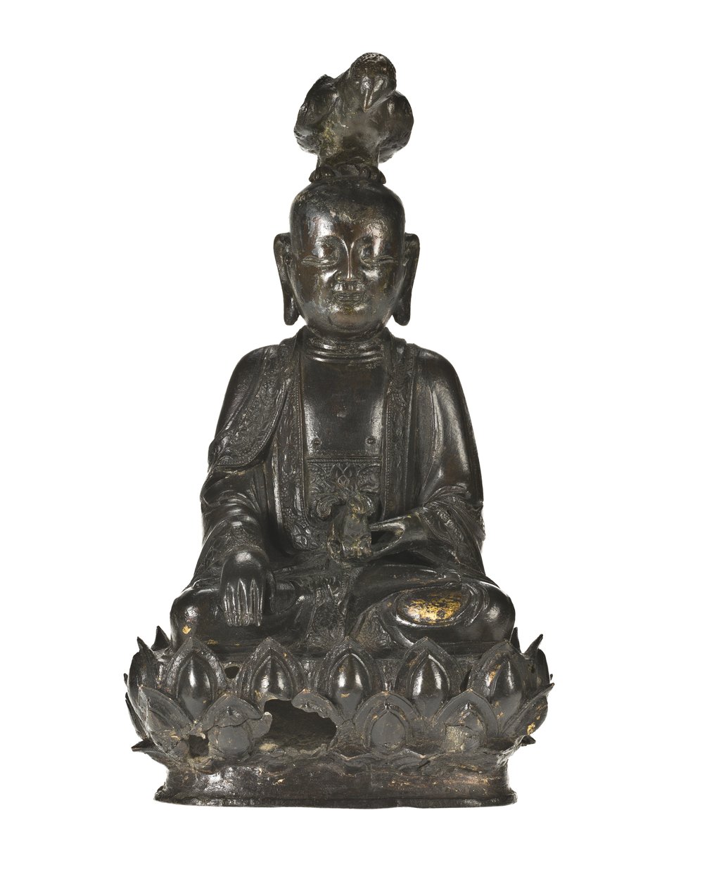 Postava Guanyin, čínské bohyně milosrdenství sedící na lotosovém podstavci s havranem posazeným na hlavě a králíkem spočívajícím v levé ruce od School Chinese