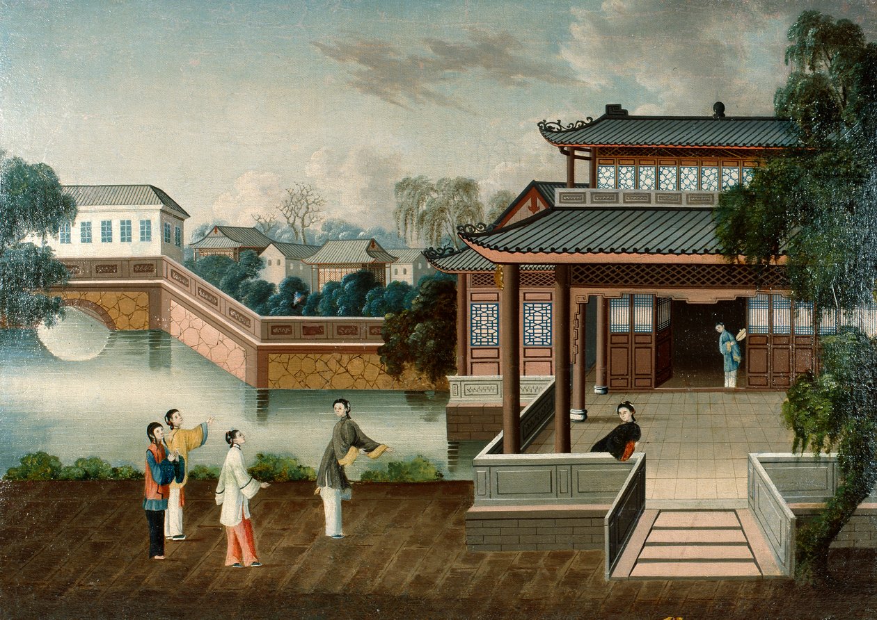 Postavy přicházející k zámečku u řeky, kolem roku 1800 (olej na plátně) od School Chinese
