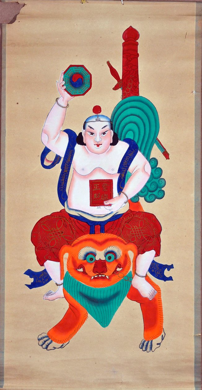 Bůh na lvu - čínský svitek, inkoust a malba (112x57 cm), mezi 1900 a 1950 - Musee de l