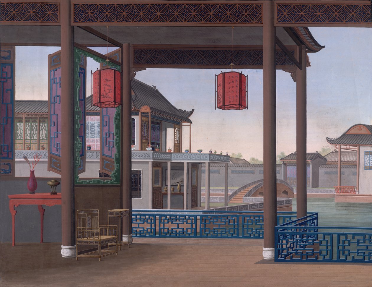 Dům čínského úředníka, cca 1800-05 (neprůhledný akvarel na papíře) od School Chinese