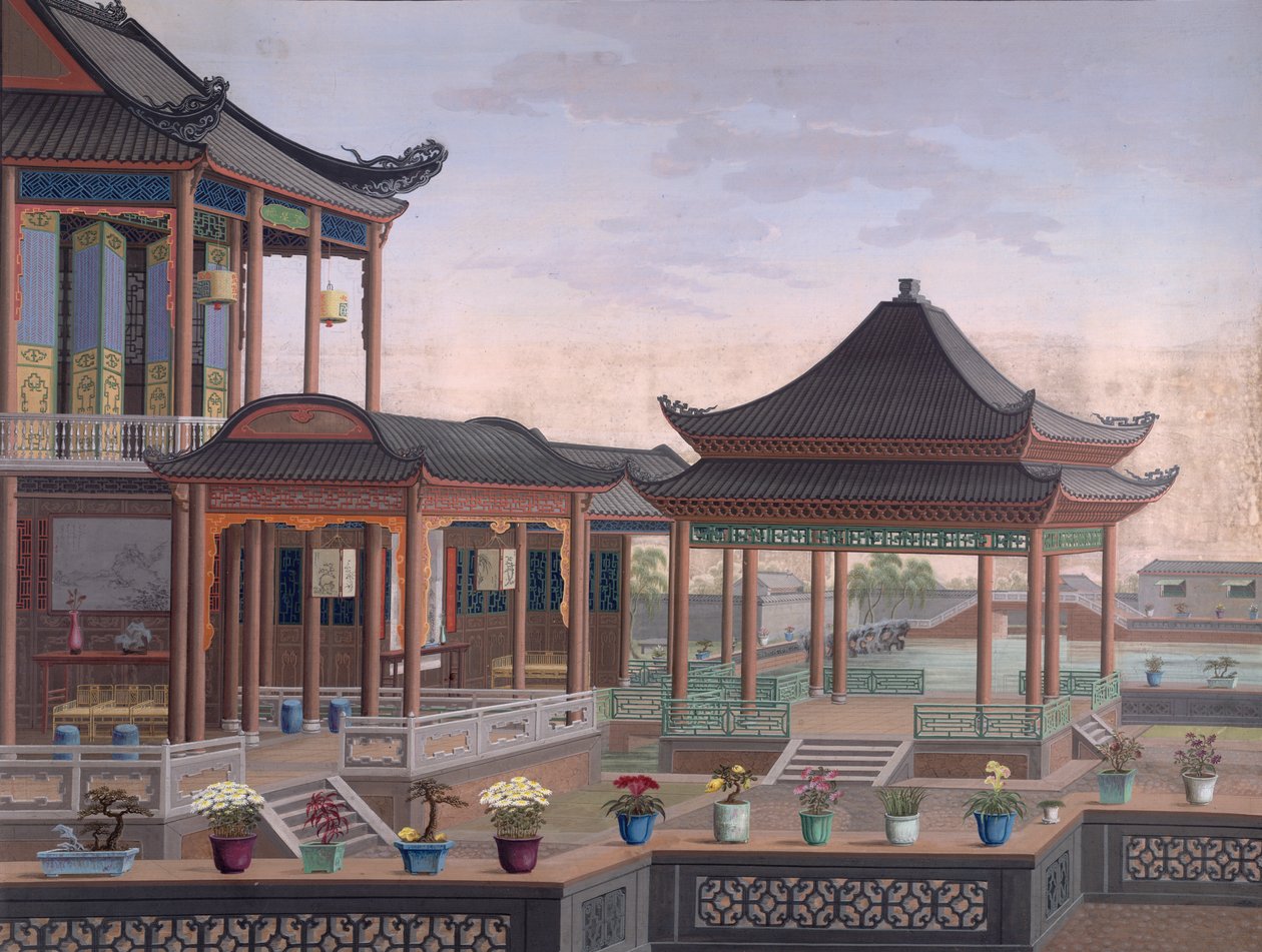 Dům čínského úředníka, cca 1800-05 (neprůhledný akvarel na papíře) od School Chinese