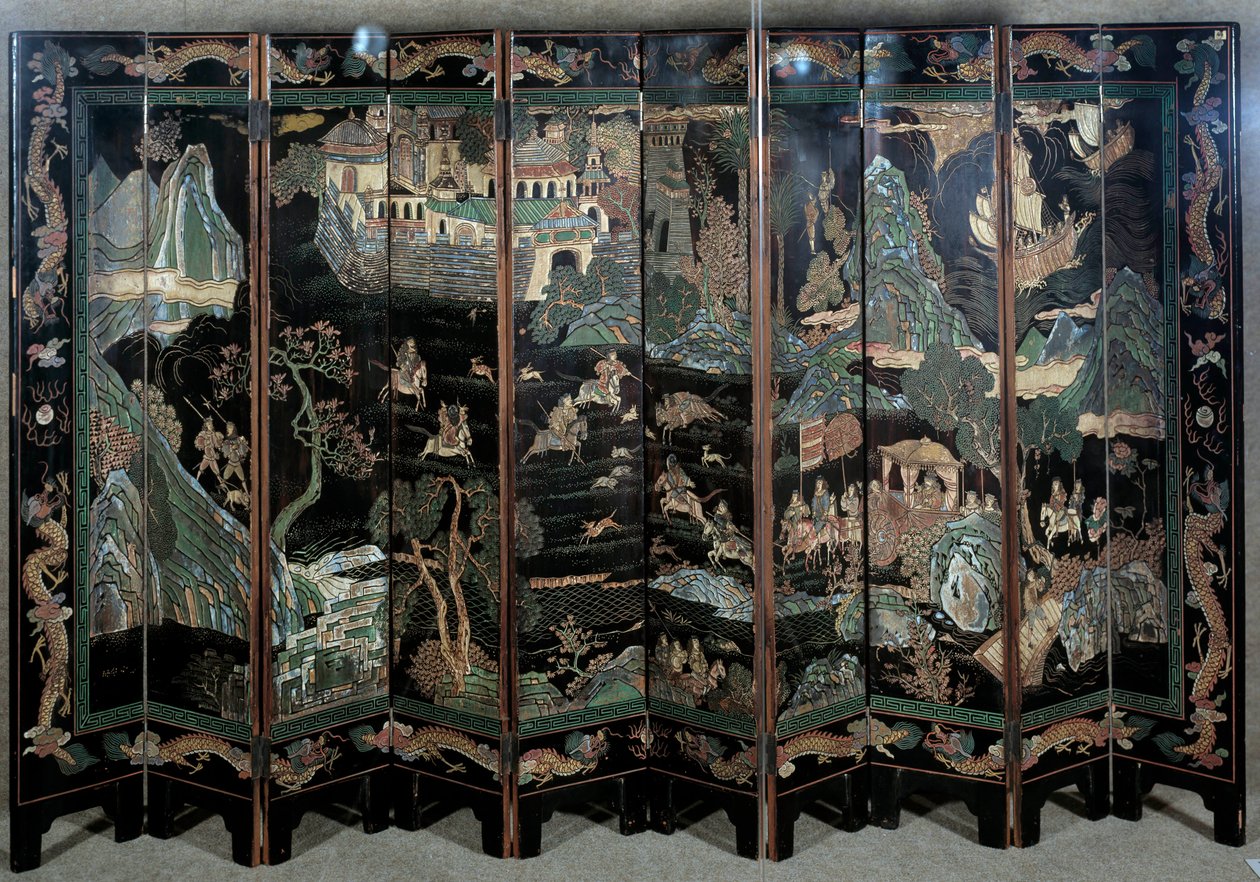 Lovecké scény. Art China: plátno ve vyřezávaném laku od School Chinese