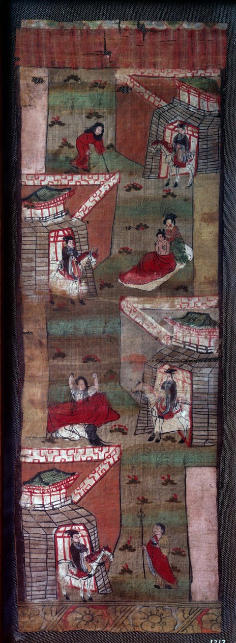 Život Buddhy: epizoda 4 setkání Siddhárthy: starý, ubohý, nemocný a chvatný. Malířství, 8. - 10. století, dynastie Tang. Paříž, Musée Guimet od School Chinese