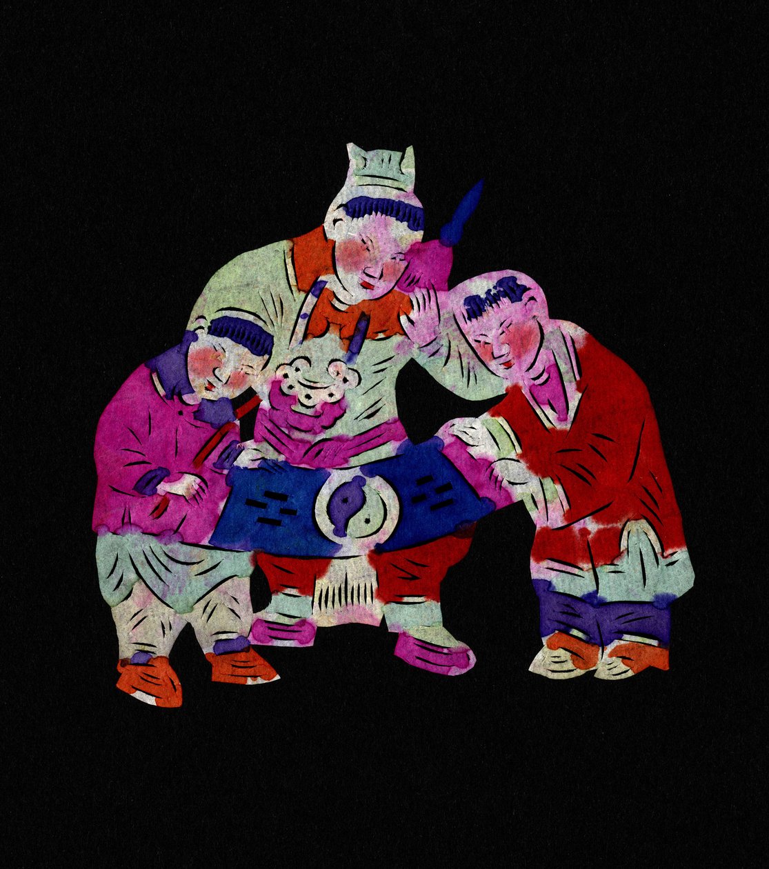 Mužská postava se dvěma dětmi. Malovaný papírový výřez neboli "Jian Zhi", čínské lidové umění, Peking. od School Chinese