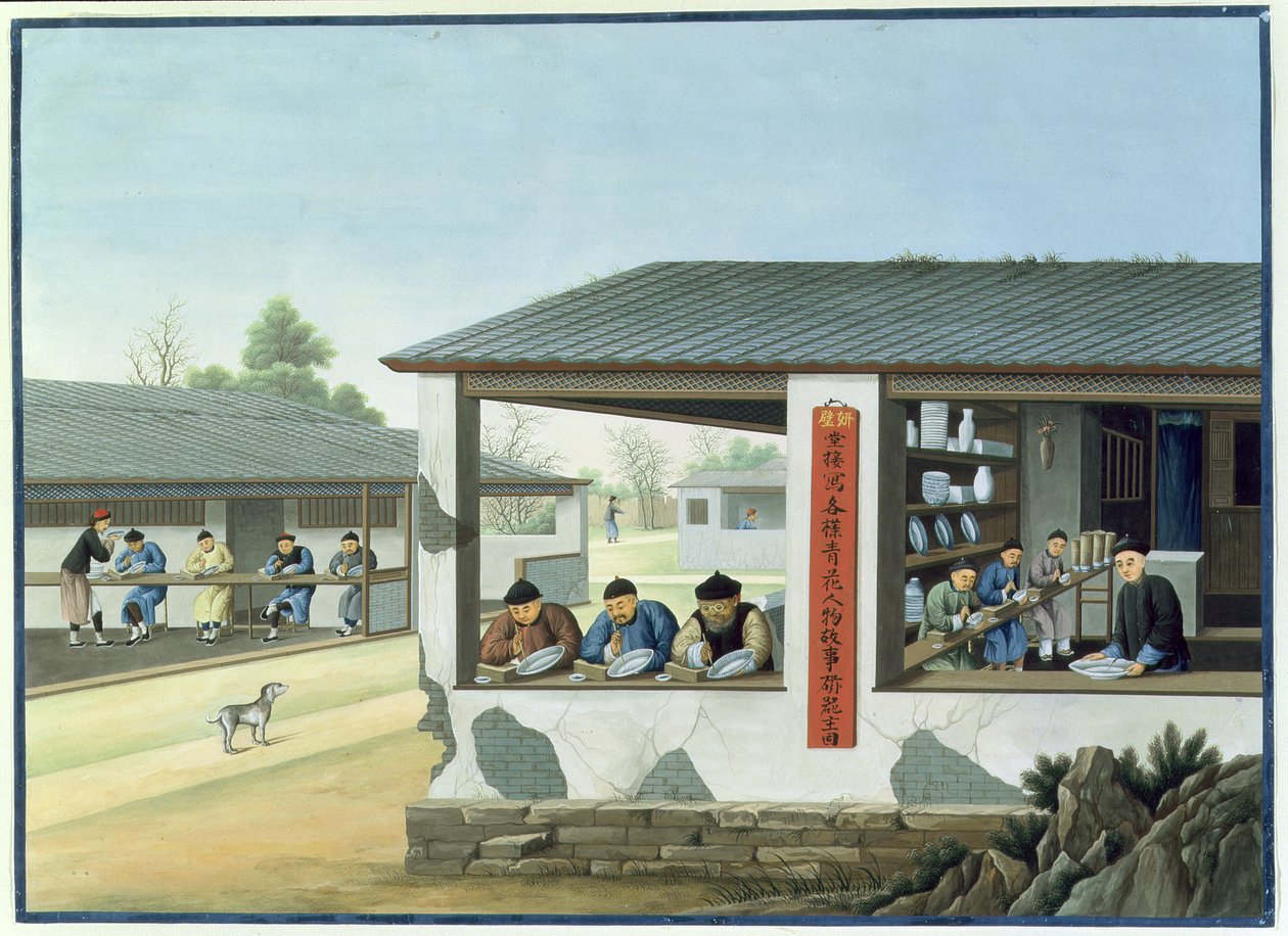 Výroba porcelánu, modré zdobení (kvaš a akvarel na papíře) od School Chinese