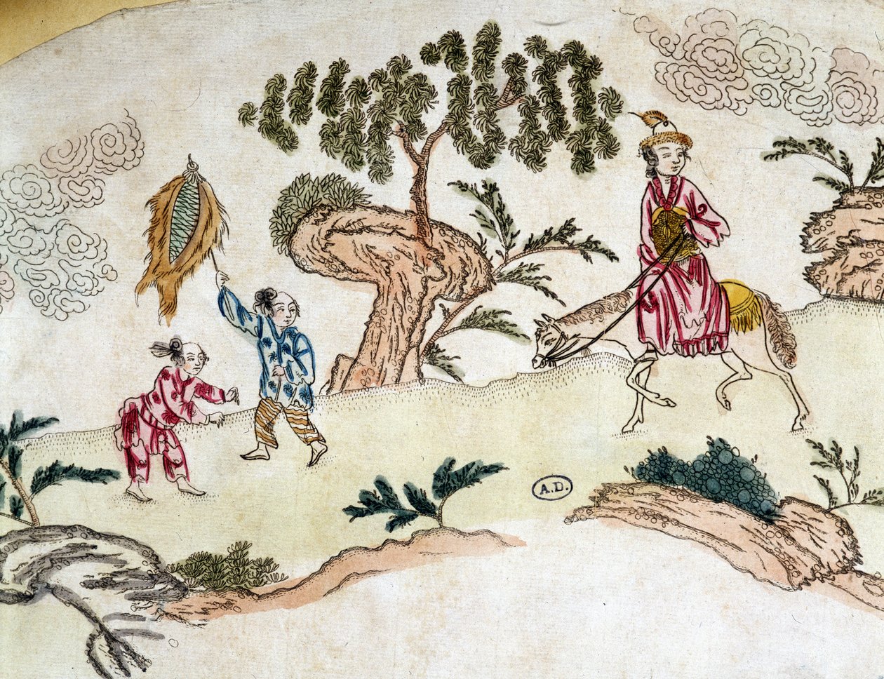 Vznešená žena na koni a děti hrající na draka - čínský tisk, cca 1800 od School Chinese